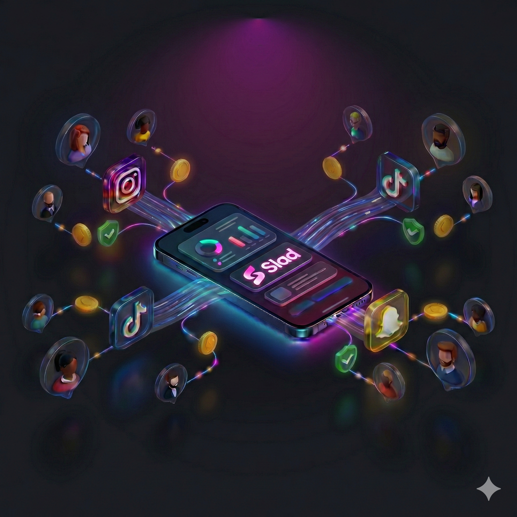 Slad app promo marketplace screens – dark